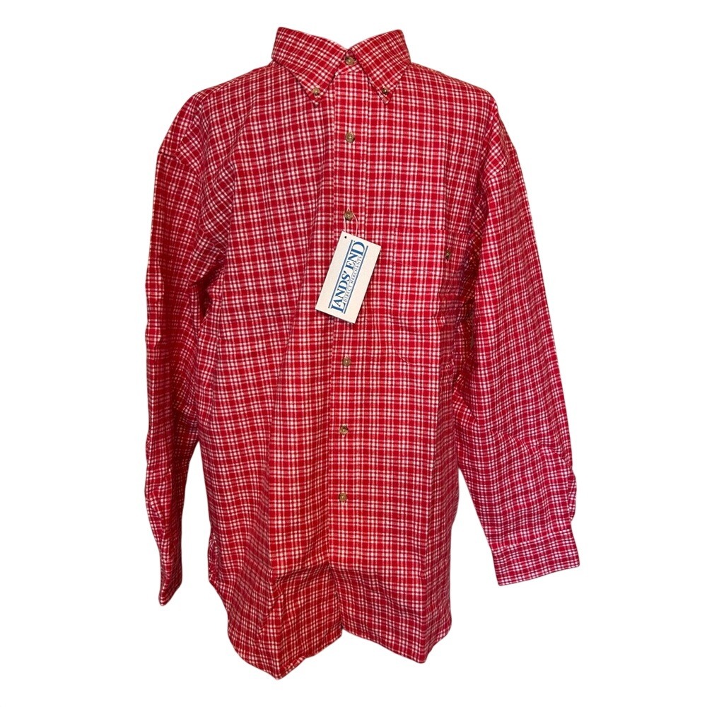 NWT Lands' End‎ Red Checkered Plaid Cotton Men's Shirt Size Large